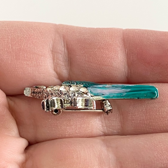 Roadrunner Brooch Pin Silver Tone Rhinestone and Teal Enamel - Picture 3 of 4